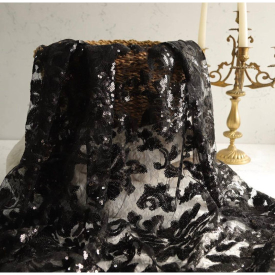 Komple pul payet dantel siyah renkte EN:140 cm